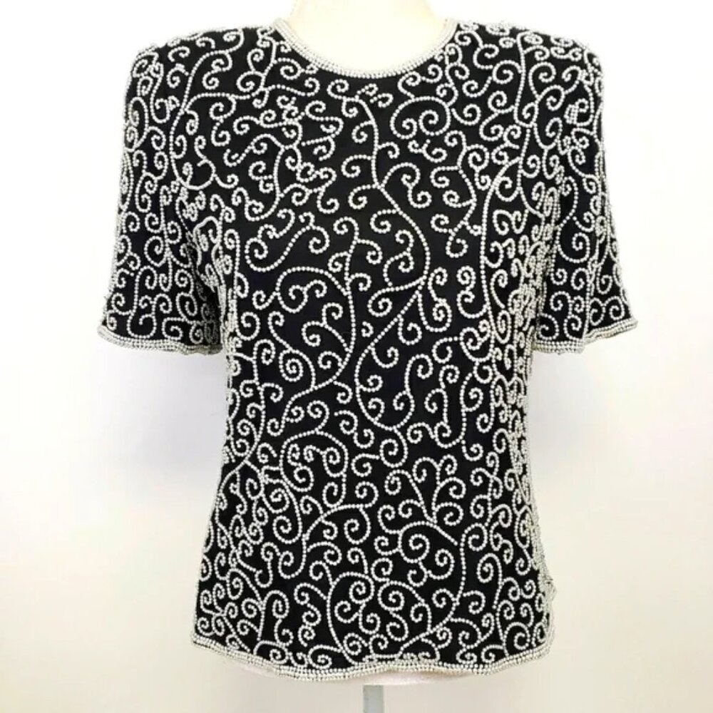 Vintage Laurence Kazar Pearl Beaded Black Top (new w/tag)